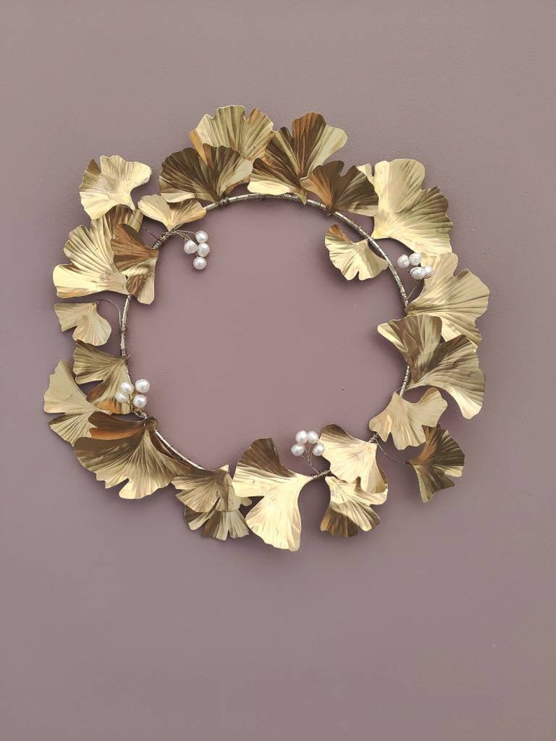 Brass Gingko Biloba Pearl Wreath, festive wreath, cottage wreath, winter wreath, artificial wreath, 21st wedding anniversary gift image 2