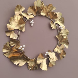 Brass Gingko Biloba Pearl Wreath, festive wreath, cottage wreath, winter wreath, artificial wreath, 21st wedding anniversary gift image 7