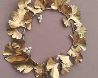 Brass Gingko Biloba Pearl All Season Wreath, metal wreath, winter wreath, gold wreath, artificial wreath, 21st wedding anniversary