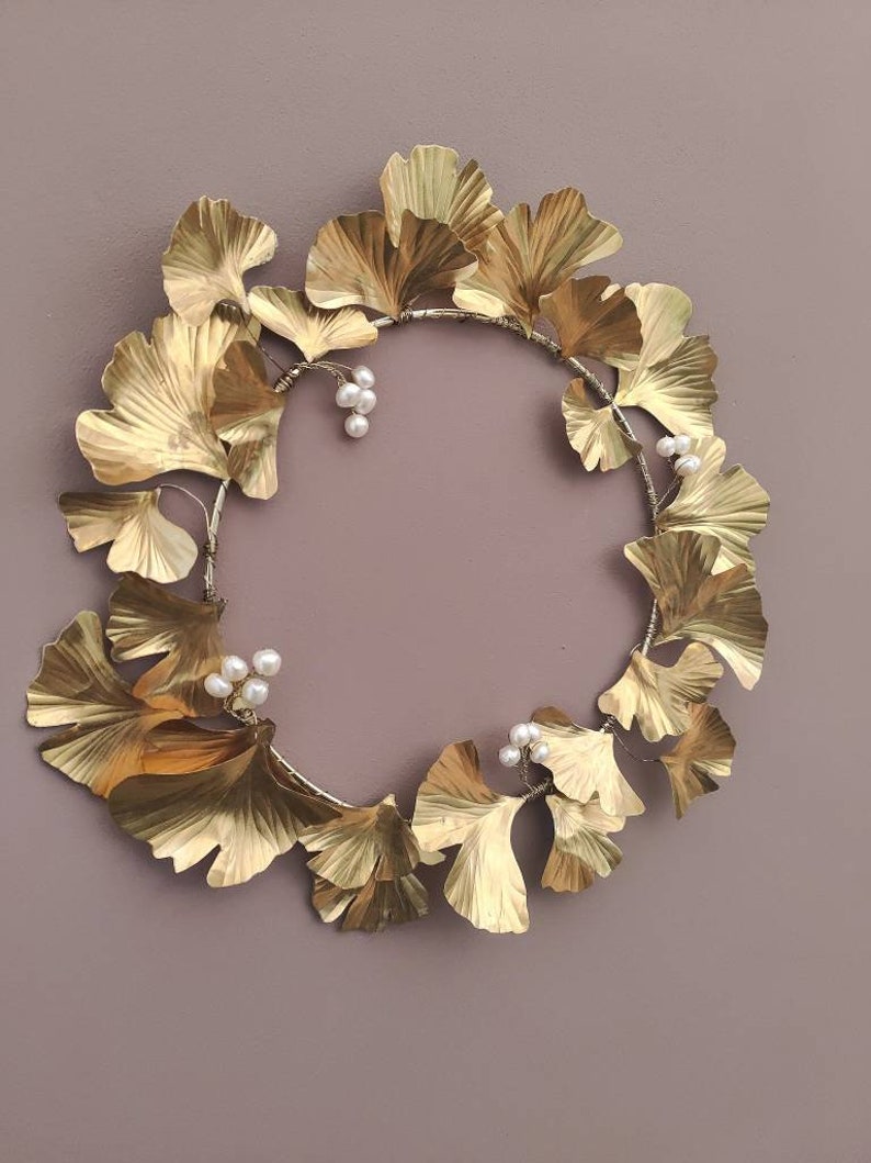 Brass Gingko Biloba Gold Pearl Wreath, all season wreath, cottage wreath, artificial wreath, pearl wreath, brass 21st wedding anniversary image 3