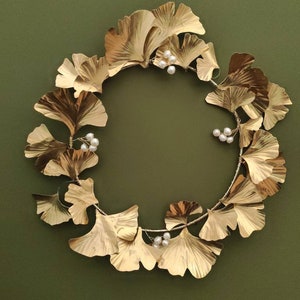 Brass Gingko Biloba Pearl Wreath, festive wreath, cottage wreath, winter wreath, artificial wreath, 21st wedding anniversary gift image 6