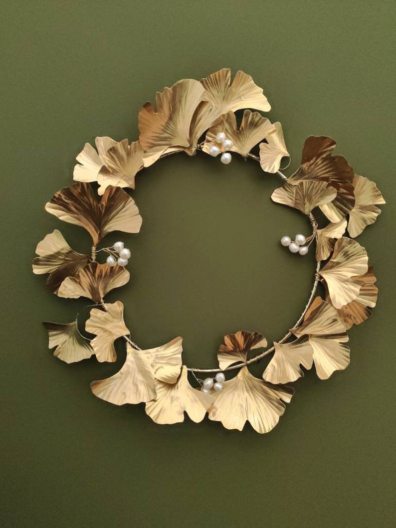 Brass Gingko Biloba Pearl Wreath, festive wreath, cottage wreath, winter wreath, artificial wreath, 21st wedding anniversary gift image 6