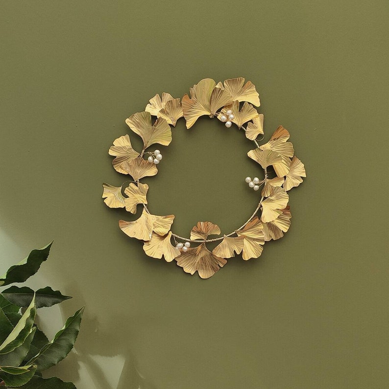 Brass Gingko Biloba Pearl Wreath, festive wreath, cottage wreath, winter wreath, artificial wreath, 21st wedding anniversary gift image 3