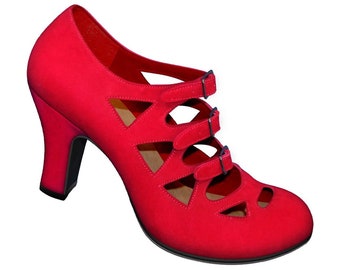 Aris Allen Suede-Sole Dance Shoes 1940 Women's Red Criss-Cross 3-Buckle Burlesque Pump