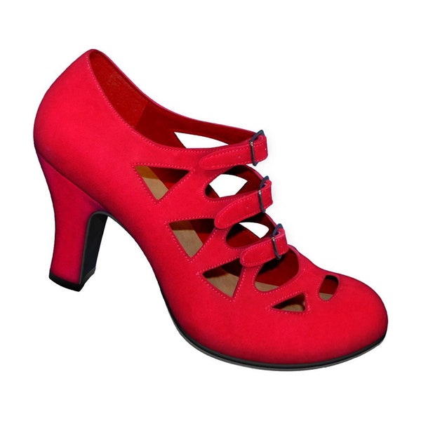 Aris Allen Suede-Sole Dance Shoes 1940 Women's Red Criss-Cross 3-Buckle Burlesque Pump
