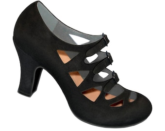 Aris Allen Suede-Sole Dance Shoes 1940s Women's Black Criss-Cross 3-Buckle Burlesque Pump