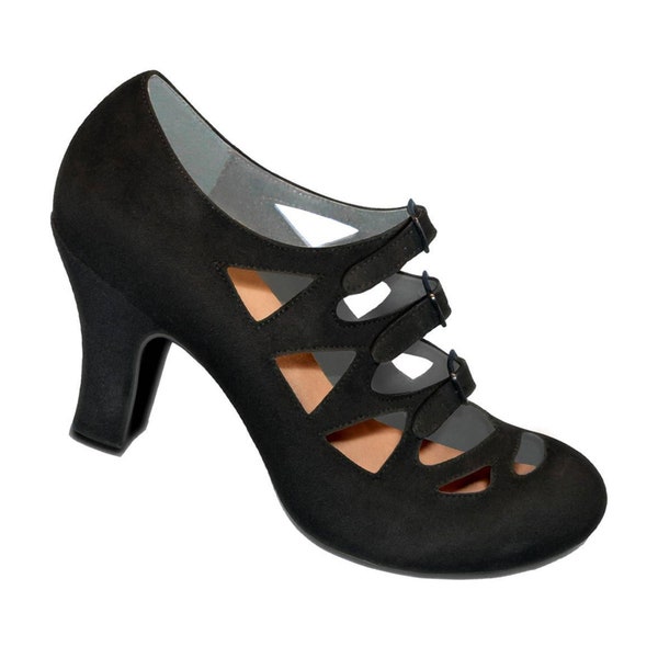Aris Allen Suede-Sole Dance Shoes 1940s Women's Black Criss-Cross 3-Buckle Burlesque Pump
