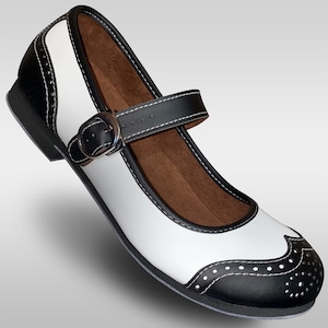 Aris Allen Black and White Snub Toe Mary Jane Wingtips Dance Shoes