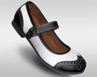 Aris Allen Black and White Snub Toe Mary Jane Wingtips Dance Shoes