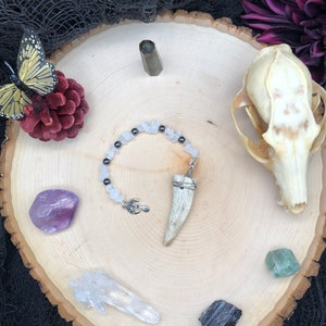 May include: A white antler pendant with a silver charm hangs from a beaded necklace with white and black beads. The necklace is displayed on a wooden surface with various crystals and a small animal skull.
