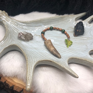 Wood Bead and Metal Leaf Charm Deer/Elk Antler Tip Pendulum