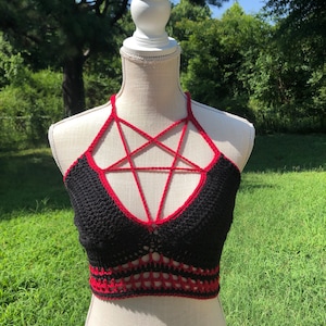 MADE TO ORDER Black and Red Crochet Pentagram Crop Top 100% Cotton Choose Size