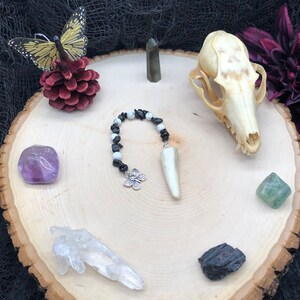 Obsidian and Howlite Deer Antler Point Pendulum with Skull Moth Charm