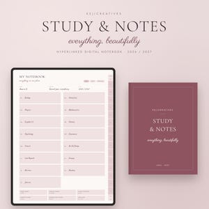 May include: A digital notebook interface and a matching dark red cover featuring the text STUDY & NOTES everything, beautifully. The interface displays a table of contents with subjects like Biology, Chemistry, Physics, and Mathematics for 2026 and 2027.