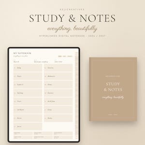 May include: A digital notebook titled STUDY & NOTES 2026/2027 by KEJICREATIVES. The image displays a tablet screen showing a subject index page with categories like Biology and History, alongside a closed tan notebook cover with matching text.