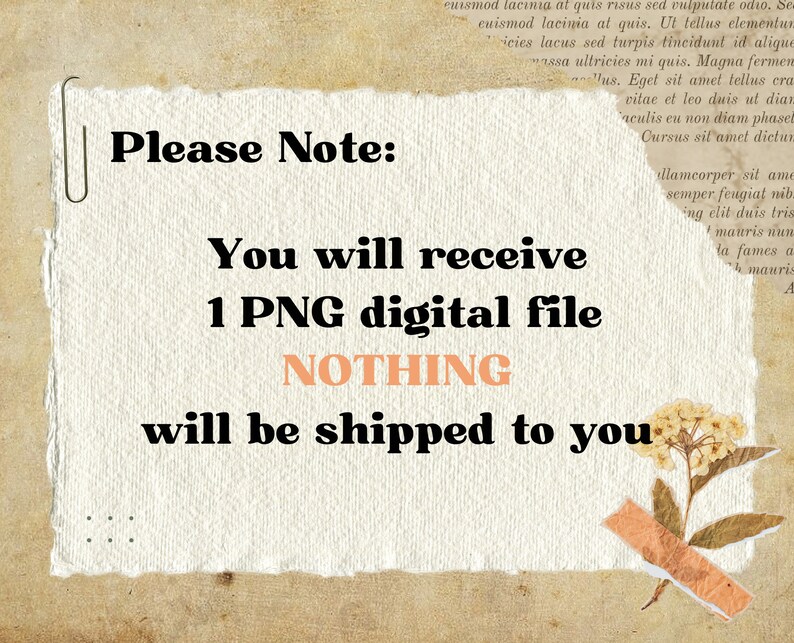 Puede incluir: Un aviso de descarga digital con el texto "Tenga en cuenta: Recibir&aacute; 1 archivo digital PNG NADA se le enviar&aacute;" sobre un fondo texturizado con una flor seca.