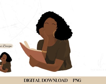 Black Girl Reading Art PNG, Book Lover Illustration (Digital Download)