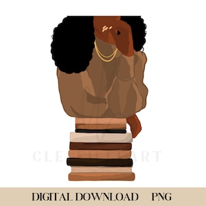 Puede incluir: Ilustraci&oacute;n digital de una mujer con piel morena y cabello negro rizado que lleva un top marr&oacute;n y un collar de oro. Est&aacute; de pie sobre una pila de libros de diferentes tonos marrones.