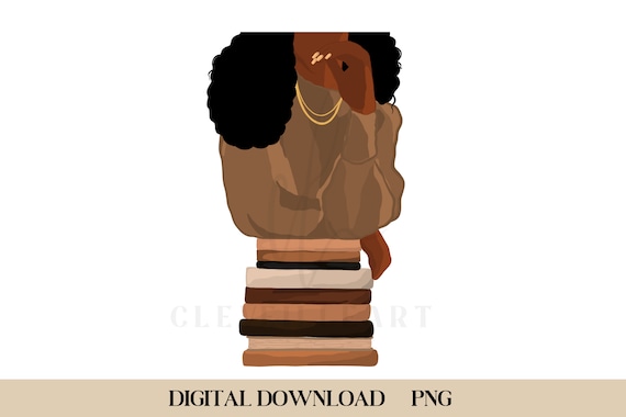 Book Lover Art, Digital Download, Black Girl Reading Art, Female Illustration, Black Women Read, Library Art, Book Lover Clipart, Black Art