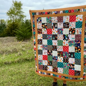 May include: A handmade quilt with a patchwork design, featuring squares of various patterns and colors. The quilt has a brown border and is held up outdoors against a backdrop of green grass and trees. The quilt's squares include images of pumpkins, bottles, and other fall-themed items.