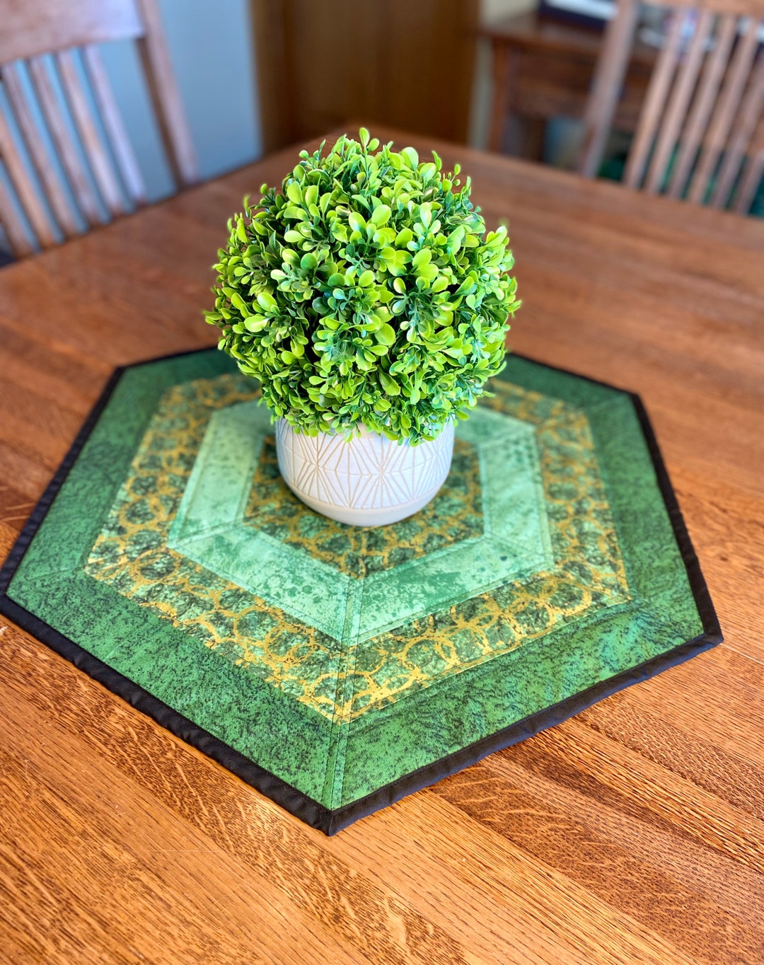 St. Patricks Day Hexagon Table Topper, Quilted Table Mat, Green & Gold Centerpiece, Handmade