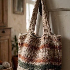 May include: A hand-knitted tote bag featuring a chunky texture and a striped pattern in shades of beige, cream, burnt orange, and dark forest green. The bag has two thick, integrated shoulder straps and is hanging from a black metal hook.