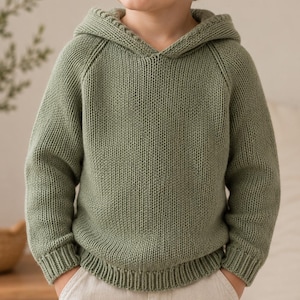 Pode incluir: Um suéter com capuz de manga comprida na cor verde sálvia, com textura de malha grossa, mangas raglan e punhos canelados nos pulsos e na bainha. A peça é construída com um padrão de malha visível e um capuz que repousa sobre o pescoço.