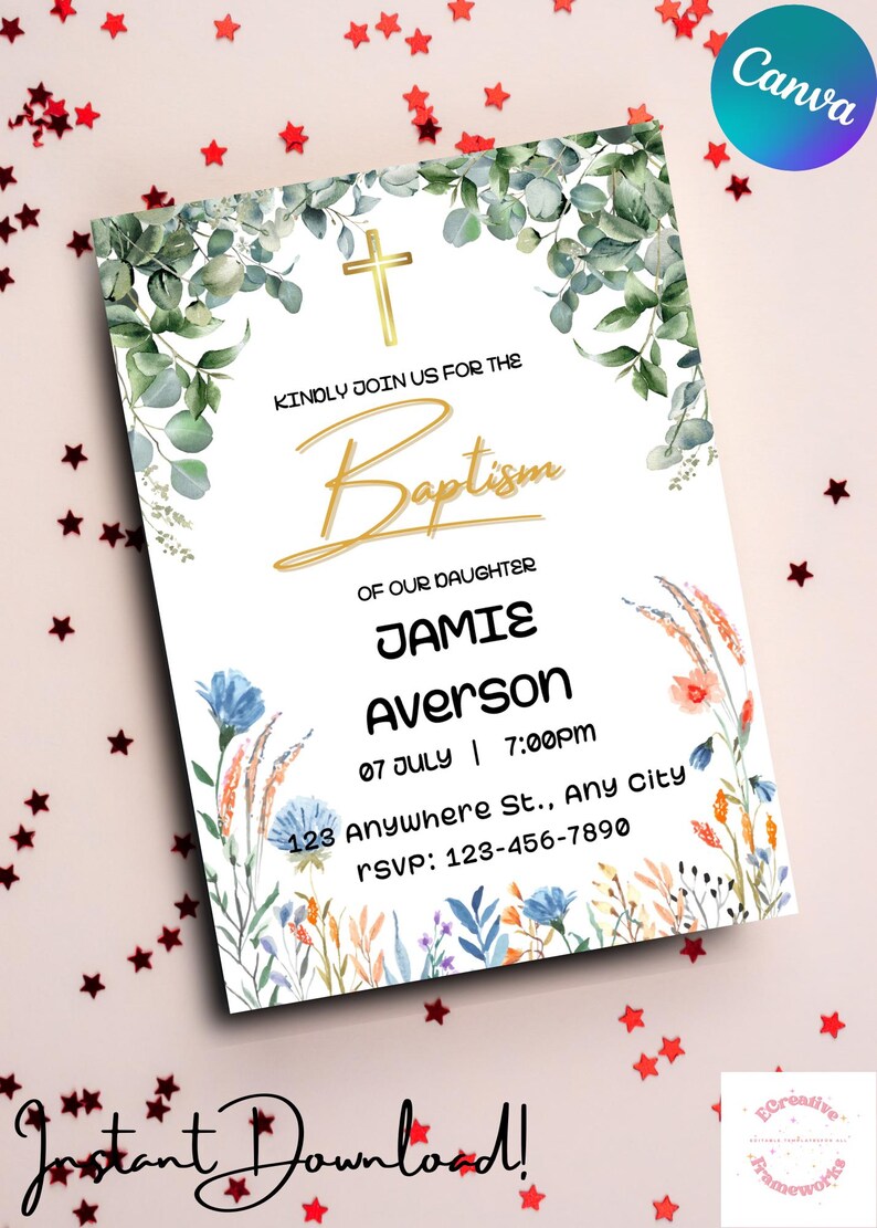 Editable Baptism Invitation Template, Minimalist Greenery Baptism