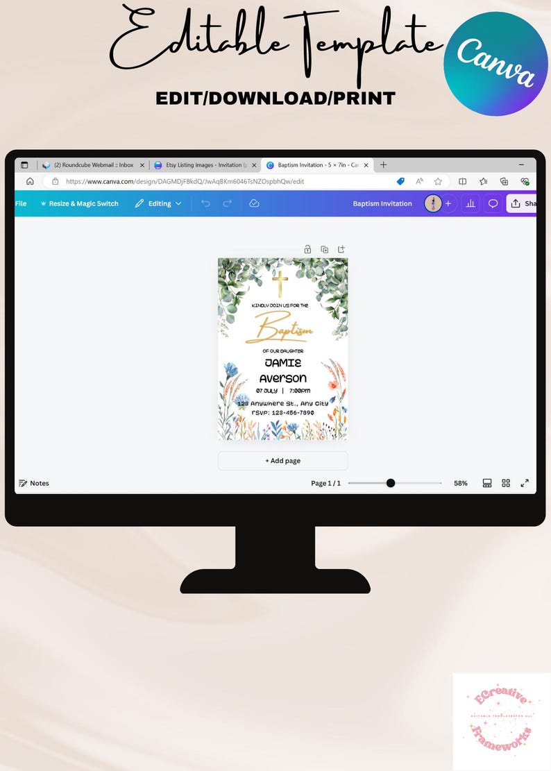 Editable Baptism Invitation Template, Minimalist Greenery Baptism