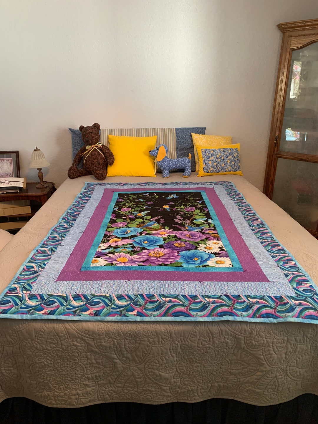 Unique Flower Panel Quilt in Blues and Purples Etsy