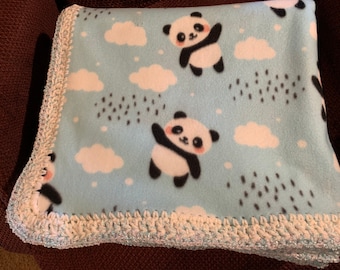 Panda Fleece Blanket With Blue & White Crochet Edging