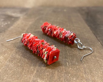 recycled plastic earrings red, small birthday gift for her, eco friendly earrings for everyday, thank you gift for women, Galentines Day