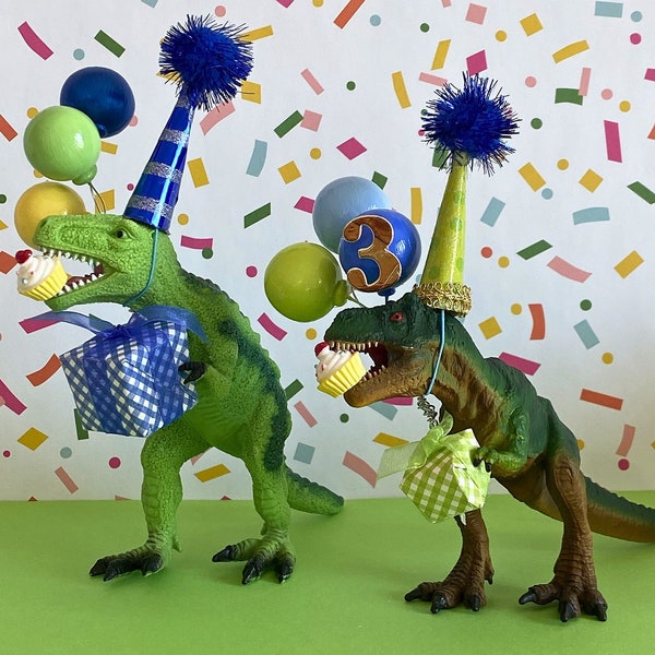 T-Rex Dinosaur Cake Topper Boy w/Balloons, Cupcake,  Dinosaur Birthday Party, Dinosaur Balloon, Dino Party Hat, Dinosaur Figurine Gift