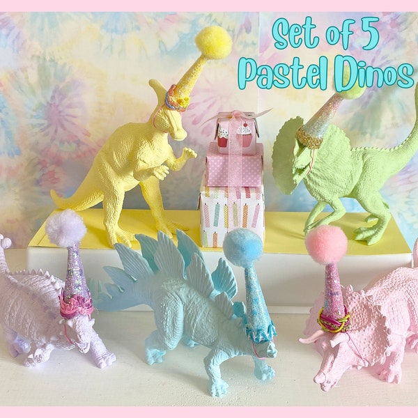 Dinosaur Cake Topper Birthday Set of 5 Pastel Dinos, Dinosaur Party, Dinosaur Centerpiece, T-Rex Birthday, Dinosaur Figurine, Mini Party Hat