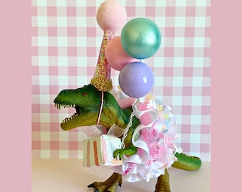 Dinosaur Cake Topper Dinosaur Birthday Girl, SHE-REx, T-Rex Girl Dino, PINK Tutu Dinosaur Figurine, Party Hat, Dino Decor, Dino Centerpiece
