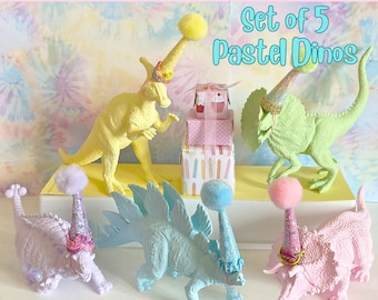 Dinosaur Cake Topper Birthday Set of 5 Pastel Dinos, Dinosaur Party, Dinosaur Centerpiece, T-Rex Birthday, Dinosaur Figurine, Mini Party Hat