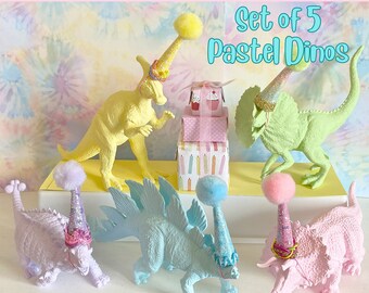 Dinosaur Cake Topper Birthday Set of 5 Pastel Dinos, Dinosaur Party, Dinosaur Centerpiece, T-Rex Birthday, Dinosaur Figurine, Mini Party Hat