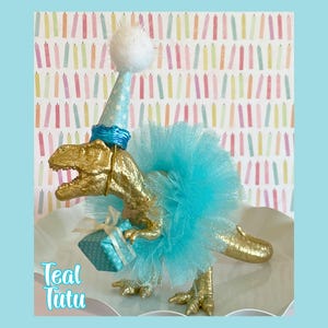 Dinosaur Cake Topper T-Rex with PINK Tutu, Dinosaur Table Decoration, Dinosaur Centerpiece, Dinosaur Figurine, Dinosaur Birthday Party Girl TEAL