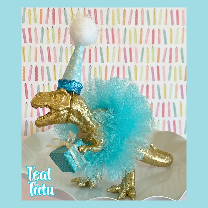 Dinosaur Cake Topper T-Rex with PINK Tutu, Dinosaur Table Decoration, Dinosaur Centerpiece, Dinosaur Figurine, Dinosaur Birthday Party Girl TEAL
