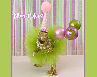 Dinosaur Cake Topper Tutu GOLD Dino PrincessCrown Dinosaur Centerpiece, Dinosaur Figurine, Dinosaur Birthday Cake, Dino with Gift, Girl Dino
