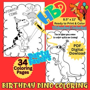 May include: A red background features a birthday-themed coloring book with dinosaur illustrations. The book includes the text "Birthday Dino Coloring," "34 Coloring Pages," and "Party Favors." The pages are 21.6 cm x 27.9 cm and ready to print and colour.
