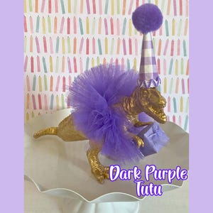 Dinosaur Cake Topper T-Rex with PINK Tutu, Dinosaur Table Decoration, Dinosaur Centerpiece, Dinosaur Figurine, Dinosaur Birthday Party Girl Dark PURPLE