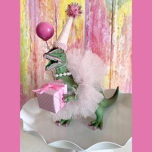 Girly Dinosaur Cake Topper w/ Lipstick, Tutu, Birthday Hat, Dinosaur Table Decoration, Dinosaur Figurine, Dinosaur Birthday Cake, 3-Rex Dino