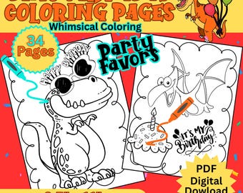 Dinosaur Birthday Coloring Pages, 34 Dino Coloring Pages, Dinosaur Digital Download, Kids Coloring Pages, Fun Gift (Printable, PDF Download)