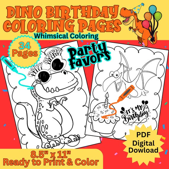 Dinosaur Birthday Coloring Pages, 34 Dino Coloring Pages, Dinosaur Digital Download, Kids Coloring Pages, Fun Gift (Printable, PDF Download)