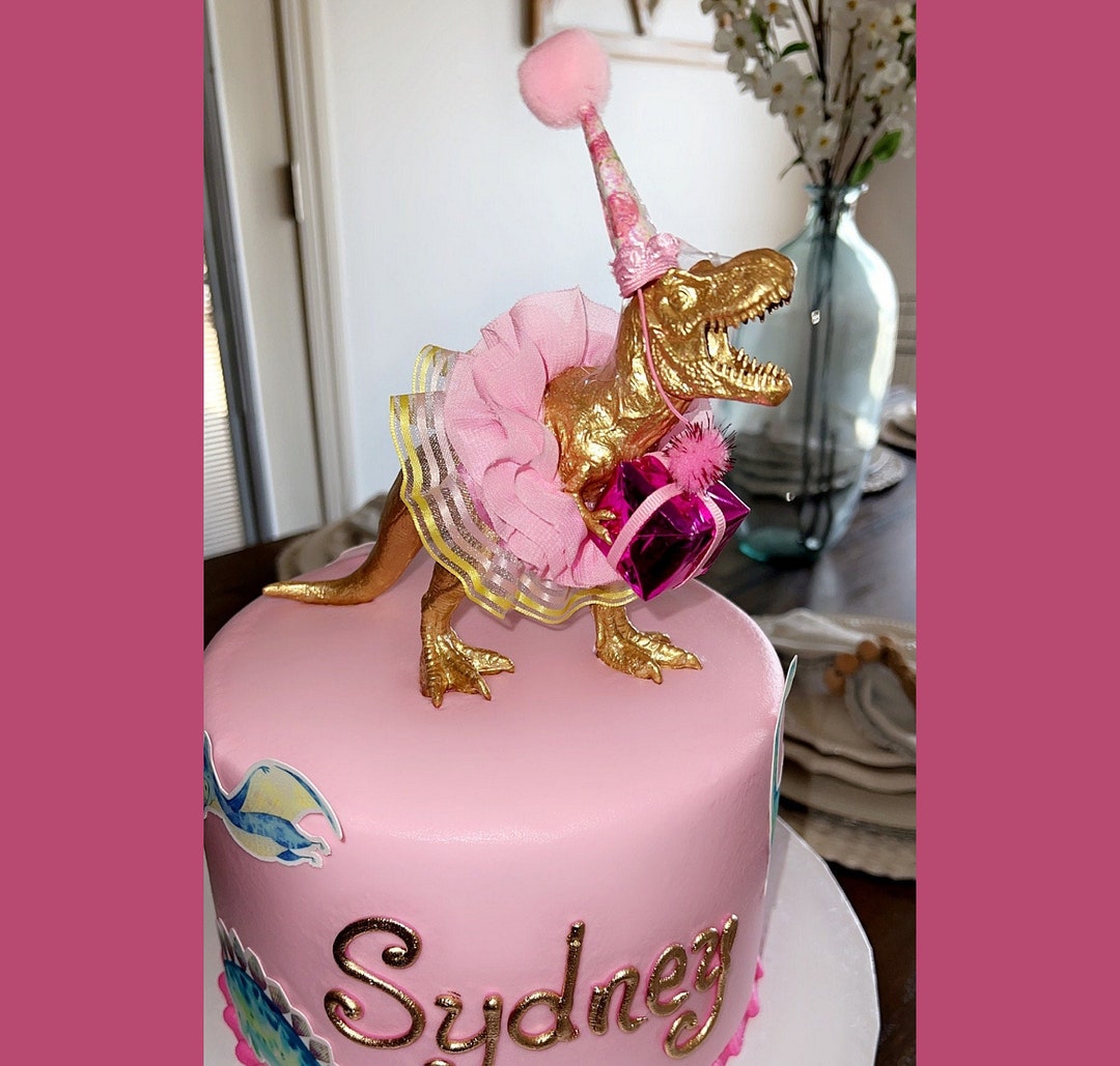 Allosaurus Dinosaur Cake Topper With Tutu Dress & Party Hat - Dinosaur Birthday Decor For Girls - View #4
