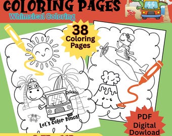 Dinosaur Coloring Pages, 38 Silly Dino Coloring Pages, Dinosaur Digital Download, Kids Coloring Pages, Fun Gift,(Printable, PDF Download)
