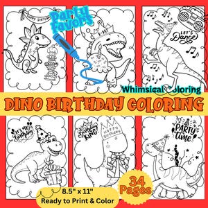 May include: A set of black and white dinosaur-themed coloring pages. The pages feature various dinosaurs with birthday party elements, such as hats, gifts, and cake. Text includes "Dino Birthday Coloring", "Party Favours", and "Ready to Print & Colour". The pages are 21.6 x 27.9 cm.