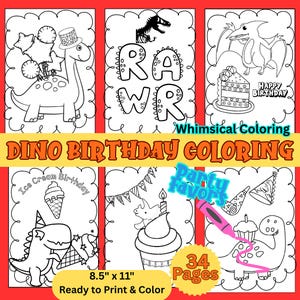 May include: A set of black and white dinosaur-themed coloring pages. The pages include dinosaurs, birthday cakes, and the text "RAWR", "Happy Birthday", and "Dino Birthday Coloring". The pages are 21.6 cm x 27.9 cm and ready to print and colour.