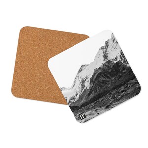 Everest Base Camp Cork Coaster Set Waterproof Bar Cart Accessories Drink and Barware Home Decor B/W Himalayan Mountains Photo Nepal Souvenir